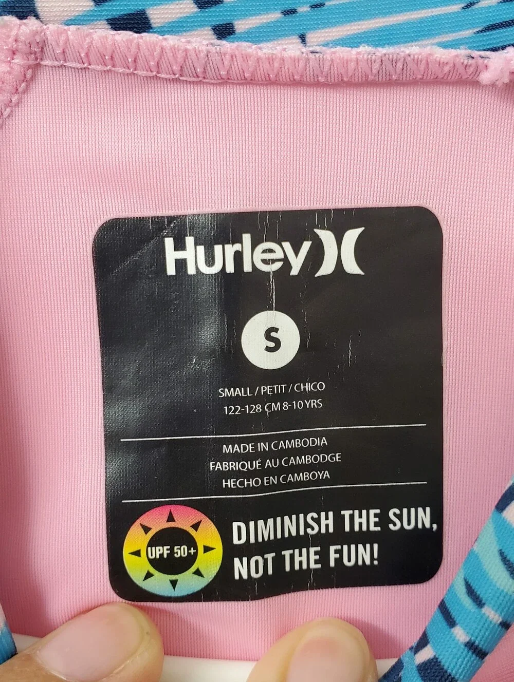 Hurley Girl's Pink Rash Guard with Blue Tropical Long Sleeves Sz S